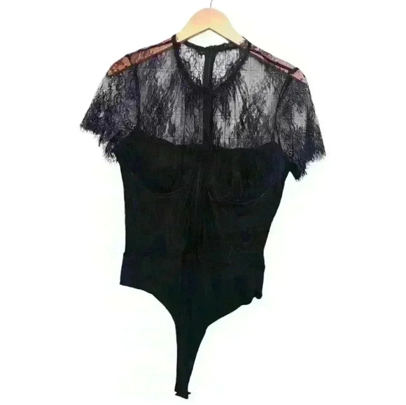 Lulu's High Neck Sheer Short Sleeve Lace Black Thong Body Suit Top Blouse - Picture 1 of 14